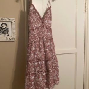Dust rose flower print dress with ruffled tiers